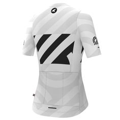 the back view of a white jersey with black and white stripes on it, showing the chest