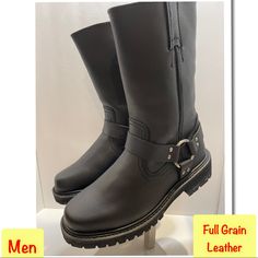 Brand New Sizes Available Boots Are Wide Width 6,6.5,7,7.5,8,8.5,9,9.5,10,10.5,11,11.5,12,13,14 Men’s Black Full Grain Leather Engineer Biker Pull On Strap Buckle Leather Combat Boots For Biker Events In Winter, Biker Style Winter Work Boots With Round Toe, Winter Leather Biker Work Boots, Leather Boots For Biker Events In Winter, Leather Boots For Winter Biker Events, Winter Leather Boots For Biker Events, Winter Leather Motorcycle Boots, Leather Moto Boots With Reinforced Toe For Fall, Biker Style Steel Toe Winter Boots