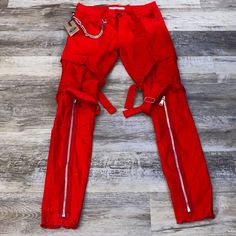 Brand New With Tag. Great Trend . Chain Rope Pocket . Pants Are Very Cool . Zipper Front Bottom Look . Denim Pants . Men’s Size 30. Cotton Mixed With Spandex Material . Has One Small White Stain On Back Bottom Leg *** Last Pictures Trendy Red Pants With Belt Loops, Red High Waist Pants With Cargo Pockets, High Waist Red Pants With Cargo Pockets, Red Cotton Utility Pants, Red Fitted Streetwear Pants, Red High Waist Pants With Side Pockets, High Waist Red Pants With Side Pockets, Fitted Red Pants For Streetwear, Fitted Red Bottoms With Side Pockets