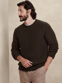 Albero Cotton-Merino Sweater | Banana Republic Mens Sweater Outfits Dressy, Sweater Outfits Dressy, Sweater Outfits Men, Slub Yarn, Earthy Outfits, Merino Sweater, Thick Sweaters, Long Wavy Hair, Brown Sweater