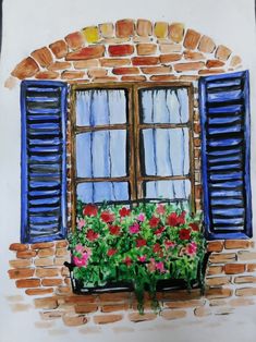 a drawing of a window with blue shutters and red flowers in front of it