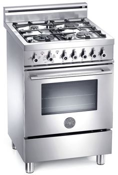 a stainless steel stove with four burners and two oven doors on the front side