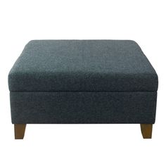 a grey ottoman with wooden legs on a white background