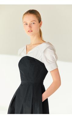 Designer fashion, Seoul-fully created | W Concept Semi-formal Dresses With Fitted Bodice And Short Sleeves, Elegant Short Sleeve Cocktail Tops, Summer Dress With Structured Shoulders And Short Sleeves, Black Midi Dress, Midi Dress, Fashion Design, Black