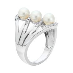 Elevate your look with this sterling silver openwork ring. Freshwater cultured pearls and diamonds create a uniquely beautiful stacked design you're sure to love. Comes in a gift box. Click on this JEWELRY & WATCHES GUIDE to learn about fit, styles, materials and more!RING DETAILS Width: 1 in. Metal: rhodium-plated sterling silver CULTURED PEARL DETAILS Type: freshwater Shape: round Size: 5-6 mm Color: white DIAMOND DETAILS Total weight: 1/10 ct. Cut: round Color grade: G-I Clarity: I2-I3 Settin Silver Akoya Pearl Ring In Fine Jewelry Style, Silver Akoya Pearl Ring For Anniversary, White Pearl And Diamond Open Ring, Silver Pearl Rings With Diamond Accents, White Pearl Rings With Diamond Accents, Silver Rings With Diamond Accents And Pearl, Silver Akoya Pearl Rings With Diamond Accents, White Akoya Pearl Rings With Diamond Accents, Anniversary Akoya Pearl Rings