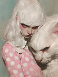 a painting of a girl hugging a white cat with her face close to her chest