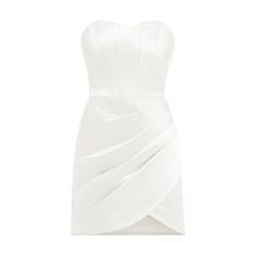 Brimming with dazzling finishing touches, this white satin mini dress exudes confidence and femininity.   The form-fitting corset silhouette is shaped with a sweetheart neckline and internal boning that highlights the waist.  Draped throughout the front of the skirt, the dress exudes an elegant allure, blended with the label's signature flattering fit.   The delicate strapless design is fastened with an invisible zip at the back and is fully lined.  This dress will evoke an exceptional feeling of glamour and sophistication at your next special occasion. It also leaves plenty of room for a piece of statement jewellery, styled with elegant stiletto heels and a glamorous clutch bag. Elegant sleeveless design Sweetheart neckline Draped mini hem Cinched waist Internal boning Luxurious satin fab Satin Mini Dress With Boned Bodice, Satin Mini Dress With Boned And Fitted Bodice, Satin Boned Bodice Mini Corset Dress, Satin Corset Dress With Lined Bodice, Mini Length, Satin Mini Corset Dress With Boned Bodice, Elegant Satin Mini Corset Dress, Satin Mini Dress With Boned Bodice For Prom, Mini Satin Corset Dress With Lined Bodice, Elegant Mini Satin Corset Dress