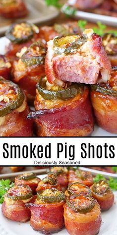 A double photo collage of pig shots lined up on a white plate. Smoked Pig Shots, Pig Shots, The Best Appetizers, Sausage Bites, Pellet Grill Recipes, Appetizers Easy Finger Food, Best Appetizer Recipes, Smoked Cooking, Smoked Food Recipes