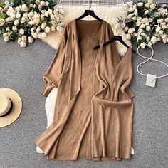 Find ideas๏ฟฝand inspiration for 2 Piece Knitted Sweater Outfits V-neck Dress Long Cardigan Coat Suit Casual Soft, Sweaters Dresses V Neck Dress Long, Sweater Sets, Long Cardigan Coat, Knit Sweater Outfit, Streetwear Sweater, Slim Skirt, Loose Cardigan, Middle Age Fashion, Women Streetwear