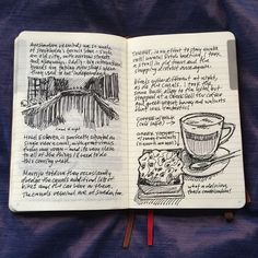 an open notebook with some writing on it and a cup of coffee next to it