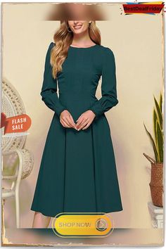 Women Vintage Solid Color Pleated Midi Dress Elegant Gowns Modest Fitted A-line Long Sleeve Dress, Solid Color Knee-length Dress With Pleated Sleeves, Solid Knee-length Dress With Pleated Sleeves, Green Pleated A-line Maxi Dress, Solid Dress With Pleated Sleeves For Fall, Fall Dresses With Pleated Sleeves, Solid Color Maxi Dress For Work, Modest Pleated Midi Dress, Spring Modest Dresses With Pleated Sleeves