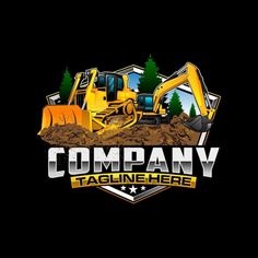 a logo for a construction company with an excavator and shovels in the background