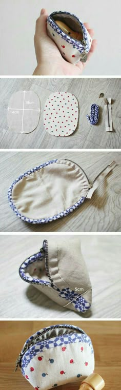 four pictures showing how to make an oval pouch with fabric and buttons on the inside