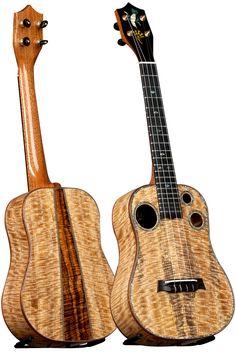 two ukulele guitars are shown side by side