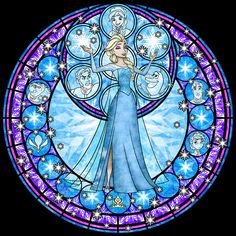 a stained glass window with an image of a frozen princess in blue and stars on it