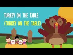 turkey on the table with children around it and an animated turkey in front of them