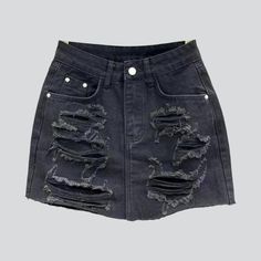 Be bold and daring with our 2023 Summer distressed women's denim skort - an edgy take on grunge fashion!Why You'll Love ItThis stylish mid-waist skort is designed to turn heads and make a statement. The distressed denim and zippered/button closure provide a unique blend of comfort and fashion. making it the perfect outfit for any occasion.Distinctive Features Grunge Style: Take your fashion game to the next level with this stylish skort. a perfect representation of grunge fashion. Distressed Den Trendy Non-stretch Mid-rise Mini Skirt, Trendy Fitted Jean Shorts For Streetwear, Punk High Waist Denim Skirt With Pockets, Punk High-waist Denim Skirt With Pockets, Edgy Fitted Denim Skirt For Streetwear, Fitted Edgy Denim Skirt For Streetwear, Fitted Short Mini Skirt For Streetwear, Punk Denim Skirt With Pockets For Streetwear, Black Denim Punk Skirt