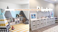 the playroom storage and organization is organized