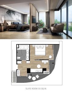 the floor plan for a suite room with a balcony and an open living area on one side