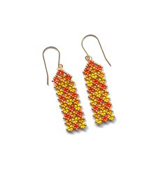 Feel the summer vibe with these hand-woven elongated earrings. Featuring a sparkling mix of two shades of orange and yellow beads in an elegant pondo stitch pattern, and finished with refined gold-tone accents, these earrings are perfect for a summery look. They are the ideal accessory for sunny days and cheerful evenings. The gold-colored ear hooks are made of stainless steel/stainless steel (durable, hypo-allergenic, of high quality and do not discolour). The pendant is approximately 5 cm (1.9 Gold Rectangular Jewelry For Summer, Rectangular Gold Jewelry For Summer, Rectangular Gold Summer Jewelry, Rectangular Summer Earrings As Gift, Handmade Yellow Rectangular Jewelry, Summer Jewelry With Colorful Long Drop Beads, Yellow Beaded Earrings With Ear Wire For Summer, Yellow Beaded Drop Earrings For Summer, Summer Yellow Beaded Earrings With Ear Wire