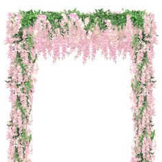 pink flowers and green leaves decorate an arch