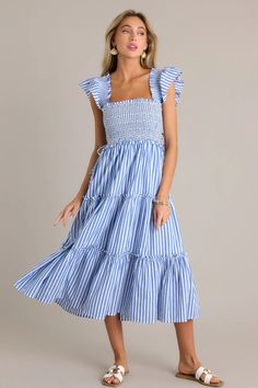 100% Cotton Blue Stripe Smocked Midi Dress - All Dresses | Red Dress Quirky Dress, Long Dress For Women, Long Striped Dress, Women Summer Dress, Halter Bridesmaid Dress, Modest Summer, Church Dress, Rush Dresses, Shirred Dress