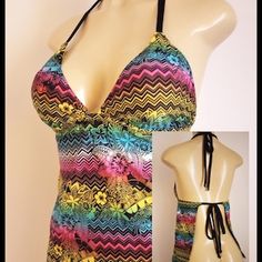 Triangle Top Tankinis with Tying Back Fitted Swimwear With Built-in Bra And Tie-side Bottom, Halter Neck Top With Built-in Bra For Pool, Beach Season Halter Top With Built-in Bra And T-back, T-back Tie Back Halter Top For Vacation, T-back Halter Top For Poolside And Beach Season, Multicolor Stretch Tankini With Tie-side Bottom, Spring Halter Neck Tankini For Swimming, Fitted Halter Neck Swimwear For Spring, Multicolor Stretch Swimwear T-back