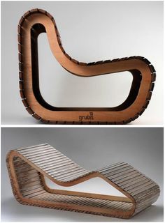 an unusual chair made out of wood is shown in two different views, one with a curved