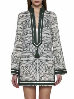 Dress from Tory Burch Composition: ->cotton, 100% | Tory Burch Women's Dress in Ivory Green Knot | SS24 Kaftan Set, Motif Embroidery, Cotton Tunic Dress, Kaftan Style, Tory Burch Dress, Cotton Tunic, Fern Green, Knitwear Cardigan, Cotton Voile