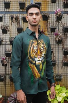 Olive green shirt with placed handpainted tiger motif in the center. - Aza Fashions Green Digital Print Cotton Top, Olive Green Shirt, Wild Tiger, Green Shirt, Green Man, In The Wild, Green Cotton, Shirt Pattern, Shirt Collar