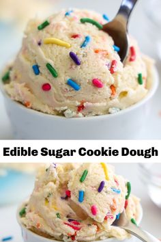 close up image of edible sugar cookie dough in a white bowl with rainbow sprinkles on top. Edible Sugar Cookie Dough Recipe, Heat Treated Flour, Edible Sugar Cookie Dough, Sugar Cookie Dough Recipe, Edible Cookie Dough Recipe, Cookie Dough Recipe, Desert Ideas, Raw Cookie Dough, Stem Crafts