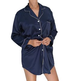 Our luxury satin shirt dress is a button-down with a notched collar, breast pocket and long sleeves. Beautiful satin buttons and piping for that extra special detailing and contrast. 96% polyester 4% spandex FREE EYEMASK WITH EVERY PURCHASE Product color may slightly vary due to photographic lighting sources or your monitor settings. Satin Long Sleeve Nightgown For Loungewear, Long-sleeve Satin Nightgown For Sleepovers, Long Sleeve Satin Nightgown For Sleepovers, Satin Long Sleeve Nightgown For Sleepover, Long Sleeve Satin Sleepwear For Night, Satin Long Sleeve Sleepwear For Night, Satin Long Sleeve Sleepwear For Pajama Party, Satin Chemise For Sleepovers, Long Sleeve Satin Sleepwear