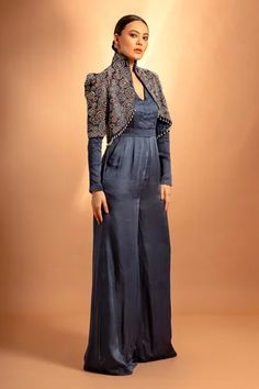 Shop for Sejal Kamdar Blue Pure Satin Crepe Pleated Jumpsuit With Ajrak Embellished Jacket for Women Online at Aza Fashions Jumpsuit With Jacket, Indo Western Outfits For Women, Designer Dresses Elegant, Embroidered Jumpsuit, Pleated Jumpsuit, Embellished Jacket, New Address, Fashion Design Dress, Designer Party Wear Dresses