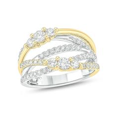 Make a chic statement of style with this contemporary diamond ring. Created in 10K two-toned gold, this split multi-row design features two trios of diamonds - each centered with a 1/6 ct. diamond - set along yellow gold ribbons. Diamonds artfully line crossover ribbons in yellow and white gold. Radiant with 1 ct. t.w. of diamonds and a brilliant buffed luster, this ring is certain to receive compliments. Contemporary Diamond Ring, Two Tone Ring, Split Shank Ring, Right Hand Rings, Gold Ribbons, Split Shank, Diamond Set, Lab Created Diamonds, Round Cut Diamond