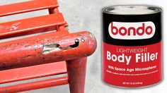 a can of body filler next to an old red bench with the paint chipping off