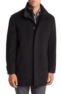 Classic polish and cold-weather protection combine in a wool car coat made with an inset bib for added warmth. 34" length (size Medium) Lined, with polyester fill Stand collar 100% wool with 52% polyester, 48% viscose contrast; 87% acrylic, 13% spandex trim Dry clean Imported Mens Black Coat, Friends Mood, Wool Car Coat, Black Coat Men, Car Coat, Black Coat, Stand Collar, Mood Boards, Cold Weather