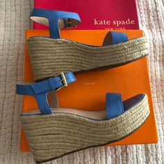 Just In Time For Summer! These Are Leather In A Happy Alice Blue Shade. The Heel Is 4” And They Are Super Comfortable. Classic Kate Spade Quality. Blue Leather Espadrilles With Textured Sole, Blue Leather Beach Espadrilles, Blue Leather Espadrilles With Woven Sole, Blue Leather Espadrilles For Beach, Blue Leather Espadrilles For The Beach, Blue Leather Slip-on Espadrilles, Blue Open-toe Espadrilles With Woven Sole, Blue Open Toe Espadrilles With Woven Sole, Blue Leather Espadrilles With Round Toe