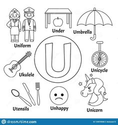 the letter u worksheet for children with pictures and words to color in it