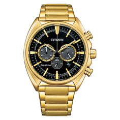 With modern style this exclusive   from Citizen watch is the perfect timepiece for the modern man. Using Eco-Drive technology, it is powered   by light-any light-and will never require a new battery and also features a 1/5   second chronograph, measures up to 60 minutes. 12/24 hour time, and the   date. The 44mm gold-tone stainless   steel case and black dial, for an elevatd all-purpose look that will be a   home on any arm. CITIZEN is a pioneer   in watchmaking and innovative technology, founded in 1918 on the principle of   creating watches for all citizens of the world. For over 100 years, we have   stayed true to this mission, promoting excellence and creativity with a   deep-rooted respect for craftsmanship.     5-year manufacturer limited warranty. If the timepiece is registered   on Citizen Watch, Innovative Technology, Eco Drive, Sam's Club, 60 Minutes, Mens Gold, Innovation Technology, Modern Man, Steel Bracelet