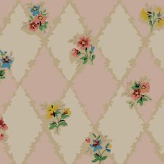 a wallpaper with flowers on it in pink and yellow colors, including green leaves