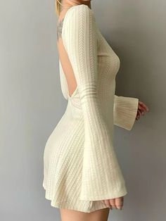 Basic Mini Dress, Cable Knit Dress, Streetwear Chic, Chique Outfits, Basic Fashion, Flare Long Sleeve, Backless Mini Dress, Autumn Dress, Knit Mini Dress