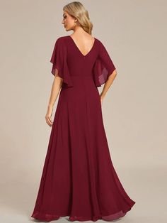 Half Sleeves Top Applique Decoration Chiffon Mother of the Bride Dress #color_Burgundy Elegant Flowy Chiffon Bridesmaid Dress, Formal Flowy Chiffon Mother Of The Bride Dress, Flowy Chiffon Bridesmaid Dress For Formal Occasions, Formal Flowy Chiffon Bridesmaid Dress, Elegant Georgette Bridesmaid Dresses, Formal Flowy Georgette Mother Of The Bride Dress, Banquet Chiffon Dress, Chiffon Bridesmaid Dress With Sweep Train, Bridesmaid Chiffon Dress With Sweep Train