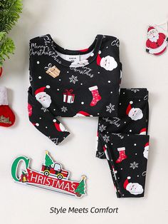 2pcs Baby Boy Snug Fit Christmas Santa Claus Cartoon Printed Long Sleeve Top And Pants Comfy Pajama Set Black     Christmas,Figure,Letter Baby Pajama Set High Stretch  Baby Boys Clothing, size features are:Bust: ,Length: ,Sleeve Length: