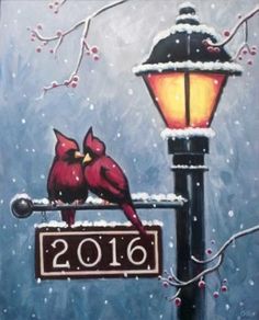 a painting of two birds sitting on a street light post in the snow with a snowy background