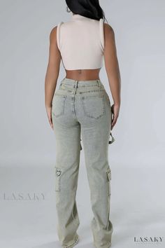 Lasaky - Mid-Waist Straight Denim Jeans with Patchwork, Button Closure, Zipper, and Pockets Trendy High Waist Cargo Jeans With Button Closure, Casual High-waisted Cargo Jeans With Button Closure, High Waist Cargo Jeans With Button Closure For Spring, Non-stretch High Rise Utility Jeans, High Waist Utility Cargo Jeans With Button Closure, Cropped Bottoms With Pockets For Streetwear, Cropped Streetwear Bottoms With Pockets, Light Wash Cropped Bottoms With Pockets, Cropped Light Wash Bottoms With Pockets