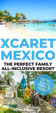 an advertisement for the xcaret mexico resort with images of beach and palm trees