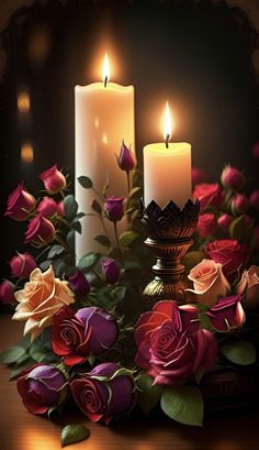 two candles with roses and leaves on a table