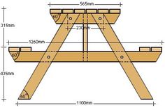 a wooden picnic table with measurements for the top and bottom section, including two legs