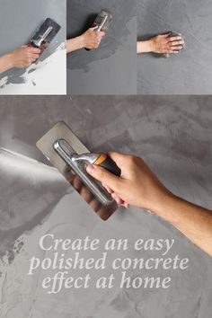 a person using a paint roller to spray cement on a wall with the words create an easy polished concrete effect at home