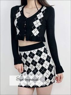 Women Plaid Black Button front Argyle Cropped Knit Cardigan and Argyle Mini Checkered Skirt Set Argyle Skirt Outfit, Cropped Knit Cardigan, Plaid Sweater Vest, Argyle Vest, Black Skirt Outfits, Checkered Skirt, Plaid Cardigan, Sweater Vest Women, Argyle Sweater